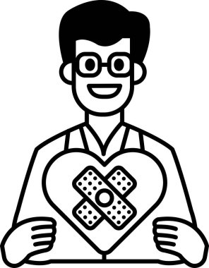 Bir adam üzerinde bandaj olan bir kalp tutuyor. Gülümsüyor ve mutlu.