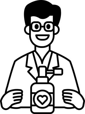 Elinde ilaç şişesi olan beyaz önlüklü bir adam. Gülümsüyor ve mutlu.
