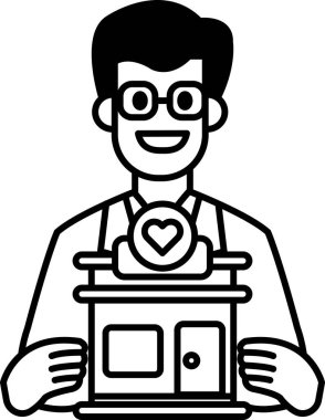 Bir adam elinde küçük bir ev tutuyor. Gülümsüyor ve gözlük takıyor. Sıcaklık ve mutluluk kavramı, adam evi özenle ve sevgiyle tutarken...