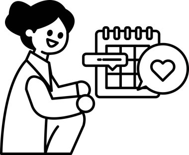 Bir kadın yerde oturuyor ve gülümsüyor. Önünde bir takvim var. Takvimde bir kalp var.