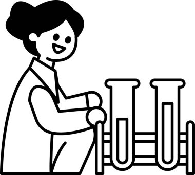 Bir kadın elinde iki beher ile laboratuvar tezgahının önünde oturuyor. Gülümsüyor ve mutlu.