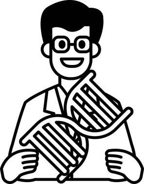 Elinde DNA ipliği tutan laboratuvar önlüklü bir adam. Gülümsüyor.