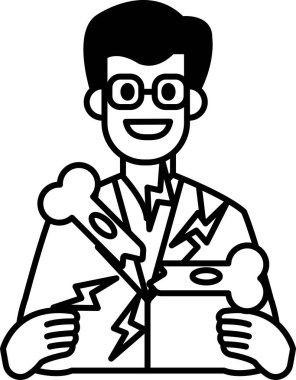 Kırık kemik tutan laboratuvar önlüklü bir adam. Gülümsüyor ve mutlu.