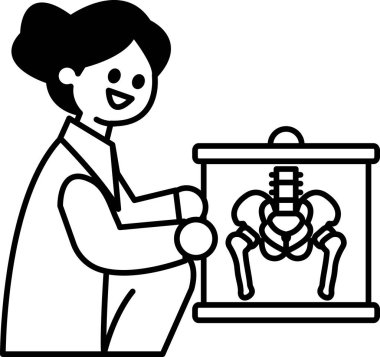 İskeletin önünde bir kadın oturuyor. Gülümsüyor ve mutlu. İskelet bir vitrinin içinde ve kadın ona bakıyor.