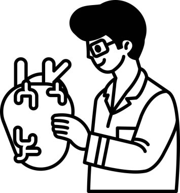 Elinde kalp tutan laboratuvar önlüklü bir adam. Adam gülümsüyor ve kalbi siyah beyaz çizimlerle gösteriliyor.