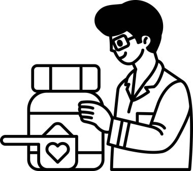 Bir adam elinde bir şişe toz ve bir kaşık tutuyor. Şişenin üzerinde bir kalp var.