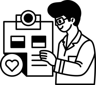 Beyaz laboratuvar önlüğü giyen bir adam üzerinde kalp olan bir kağıt parçasının önünde duruyor. Gazeteyi işaret ediyor, muhtemelen onun için önemli ya da anlamlı olduğunu gösteriyor.