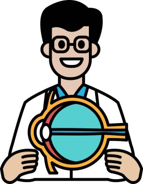 Beyaz laboratuvar önlüklü bir adam bir göz modeli tutuyor. Adam gülümsüyor ve mutlu.