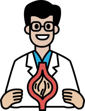 Beyaz laboratuvar önlüklü bir adam elinde bir insan vücudu modeli tutuyor. Gülümsüyor ve mutlu.