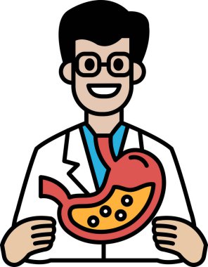 Kırmızı midesi olan beyaz laboratuvar önlüklü bir adam. Adam gülümsüyor ve mutlu.