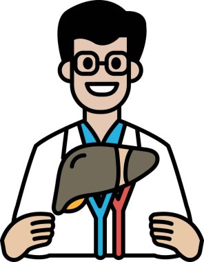 Beyaz laboratuvar önlüklü bir adam karaciğer tutuyor. Gülümsüyor. Bu bir karikatür.