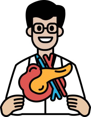 Bir karikatürist elinde kalp ve pankreas tutuyor. Gülümsüyor ve laboratuvar önlüğü giyiyor.