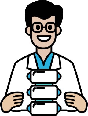 Beyaz laboratuvar önlüklü bir adam bir yığın beyaz kutu tutuyor. Gülümsüyor ve mutlu.