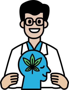 Beyaz laboratuvar önlüklü bir adam içinde yaprak olan bir kafayı tutuyor. Adam gülümsüyor ve kafası mavi