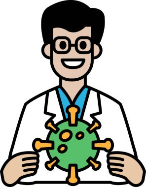 Üzerinde yeşil virüs olan laboratuvar önlüklü bir çizgi film adamı. Adam gülümsüyor ve mutlu.