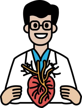 Damarları olan kalbi tutan beyaz laboratuvar önlüklü bir adam. Gülümsüyor. Mutluluk ve pozitiflik kavramı