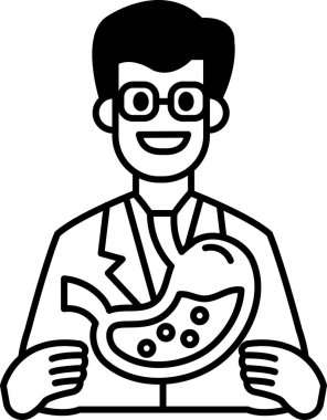 Laboratuvar önlüklü bir adam midesini tutuyor. Adam gülümsüyor ve mutlu.