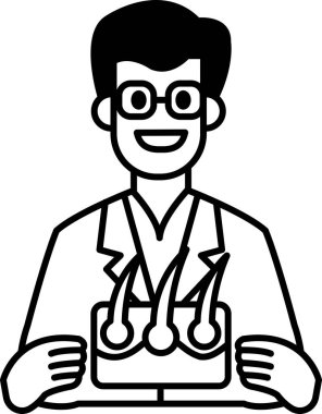 Elinde neşter tutan laboratuvar önlüklü bir adam. Gülümsüyor ve mutlu.