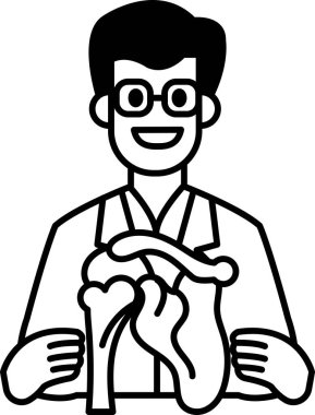 Elinde kalp ve kemik tutan laboratuvar önlüklü bir adam. Gülümsüyor. Görüntü hastanın kalbini ve kemiğini inceleyen bir doktorla ilgili.