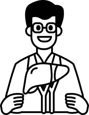 Laboratuvar önlüklü bir adam karaciğer tutuyor. Adam gülümsüyor ve mutlu.