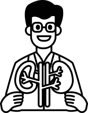 Bir adam elinde bir böbrek tutuyor. Gülümsüyor ve gözlük takıyor. Görüntü siyah ve beyaz.