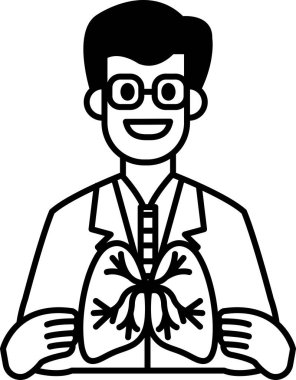 Akciğer tutan beyaz laboratuvar önlüklü bir adam. Adam gülümsüyor ve mutlu.