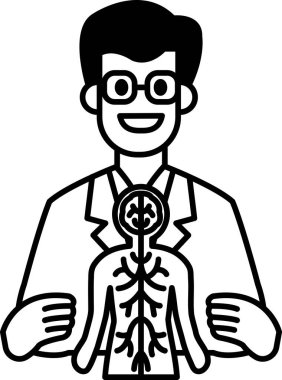 Beyaz önlüklü bir adam iskelet tutuyor ve gülümsüyor. İnsan vücudu ve karmaşık sistemleri hakkında merak ve merak kavramı