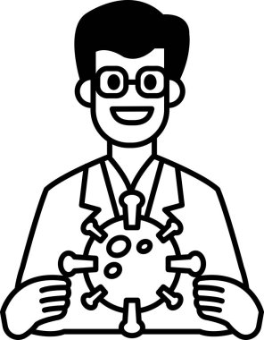 Laboratuvar önlüklü bir adamın elinde virüs var. Adam gülümsüyor ve mutlu.