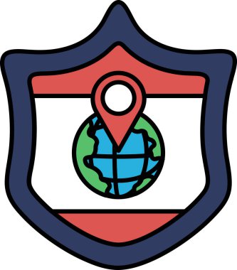 Küreli bir kalkan ve küreyi gösteren kırmızı ve mavi bir ok. Kalkan mavi ve kırmızıdır ve üzerinde bir dünya haritası vardır. Küre bir daire ile çevrilidir.