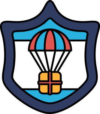 Üzerinde kırmızı, beyaz ve mavi şemsiye olan mavi bir kalkan. Şemsiye bir kutu tutuyor.