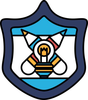 Üzerinde ampul olan bir kalkan. Kalkan mavi ve beyaz. Ampul sarı ve turuncu.