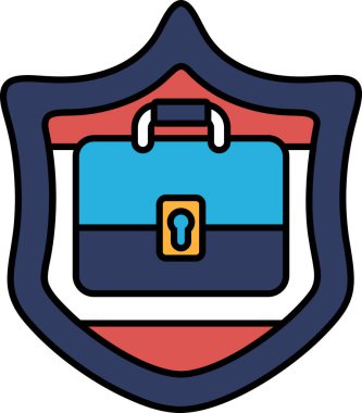 Üzerinde evrak çantası olan mavi ve kırmızı bir kalkan. Çantanın üzerinde kilit var.