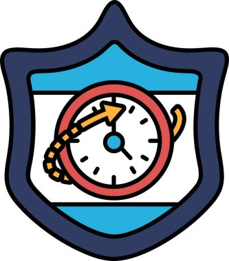 Üzerinde saat olan bir kalkan ve sağı gösteren bir ok. Saat kırmızı ve beyaz.