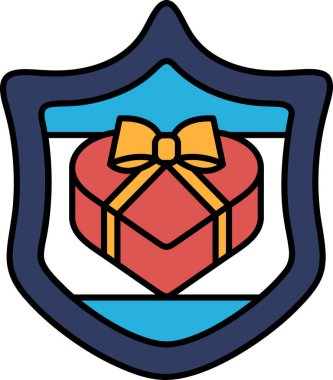 Üzerinde kırmızı bir kalp ve bir fiyonk olan bir kalkan. Kalp bir kutunun içinde. Kalkan mavi ve beyazdır.