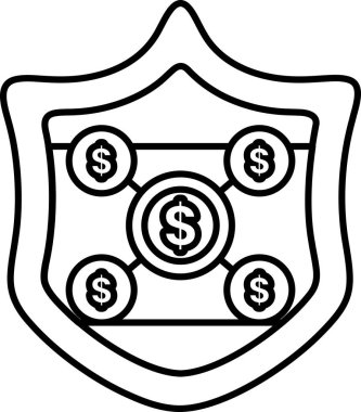 Üzerinde dört dolarlık işaretler olan bir kalkan. Kalkan siyah beyaz. Dolar işaretleri birbirleriyle bağlantılı gibi görünecek şekilde düzenlenmiş.