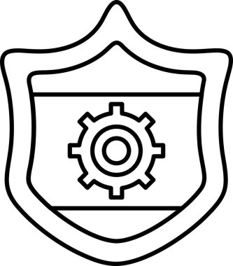 Üzerinde vites olan bir kalkan. Kalkan siyah beyaz. Malzemeler yuvarlak ve çok dişli.