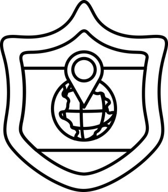 Dünya haritası ve küresi olan bir kalkan. Kalkan siyah beyaz. Kalkan bir koruma ve güvenlik sembolüdür.