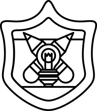 Etrafında kalkan olan bir ampulün siyah beyaz çizimi. Kalkan bir elmas şeklinde ve üzerinde bir haç var. Ampul bir daire ile çevrilidir.