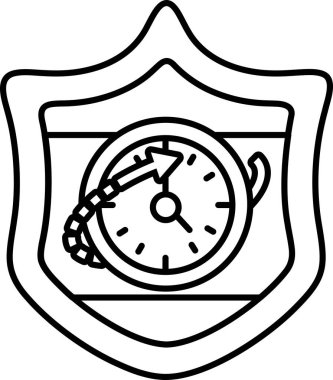 Saati gösteren siyah beyaz bir saat ve sağı gösteren beyaz bir ok. Saat bir kalkanla çevrili ve kalkan da siyah ve beyaz.