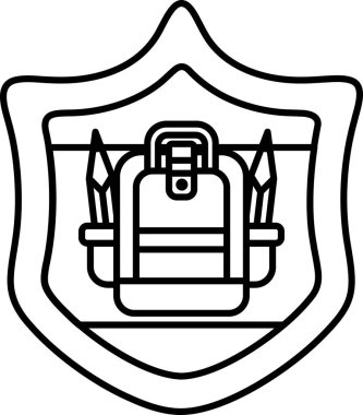 Üstünde kalkan olan bir sırt çantasının siyah beyaz görüntüsü. Kalkan bir sırt çantası ve bir ağaçla süslenmiş.