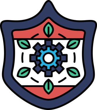 Yeşil yapraklı mavi bir kalkan ve ortasında dişli kırmızı bir daire. Kalkan bir video oyununun kalkanı gibi tasarlandı.