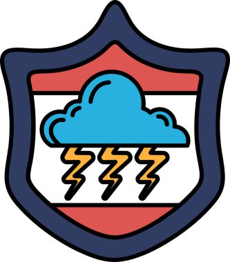 Üzerinde yıldırımlar ve bulutlar olan bir kalkan. Kalkan mavi ve kırmızı