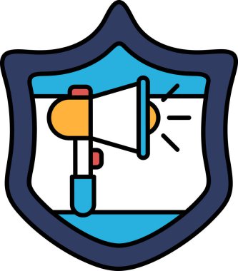 Üzerinde megafon olan bir kalkan. Kalkan mavi ve beyaz. Megafon sarı ve turuncu.