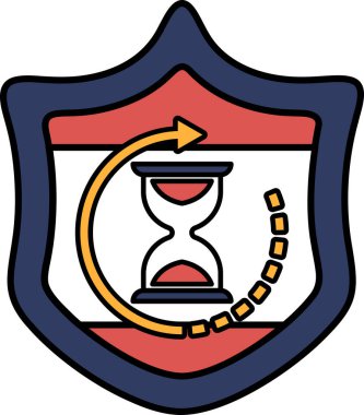 Üzerinde saat olan bir kalkan. Saat kırmızı ve beyaz.