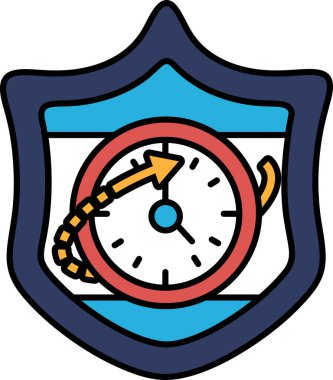 Üzerinde saat olan bir kalkan ve sağı gösteren bir ok. Saat kırmızı ve beyaz.