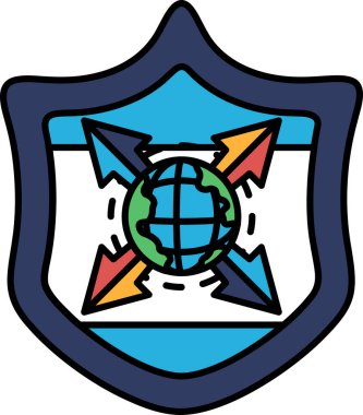 Küresel bir kalkan ve onu gösteren oklar. Kalkan mavi ve beyazdır.