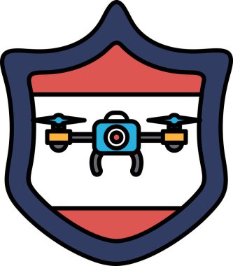 Kırmızı arka planı ve üzerinde İHA olan mavi bir kalkan. İnsansız hava aracı kalkanda ve etrafı kırmızı sınırlarla çevrili.