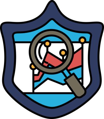 Üzerinde büyüteç olan mavi bir kalkan. Büyüteç siyah ve kahverengi.