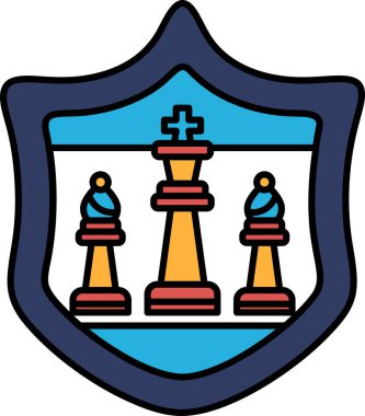 Üzerinde üç satranç taşı olan bir kalkan. Kalkan mavi ve beyaz. Satranç taşları kırmızı ve sarı.