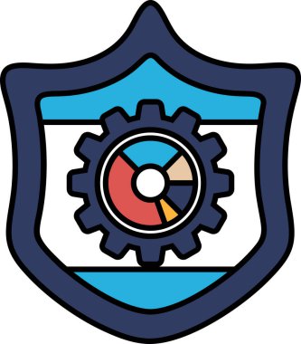 Üzerinde vites olan mavi bir kalkan. Dişli kırmızı, sarı ve yeşil.